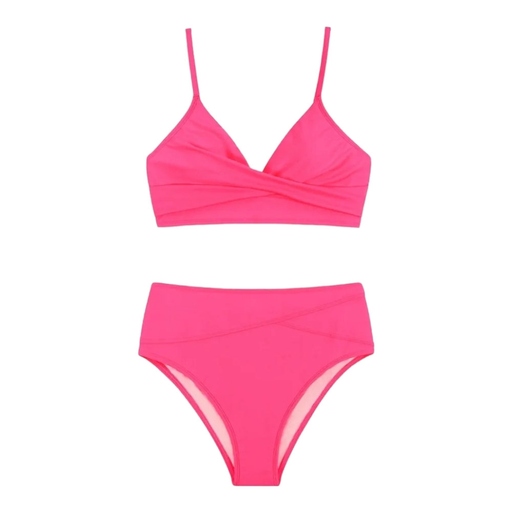 CUPSHE Hot Pink Bikini Set High Waisted Vneck Spaghetti Strap Large